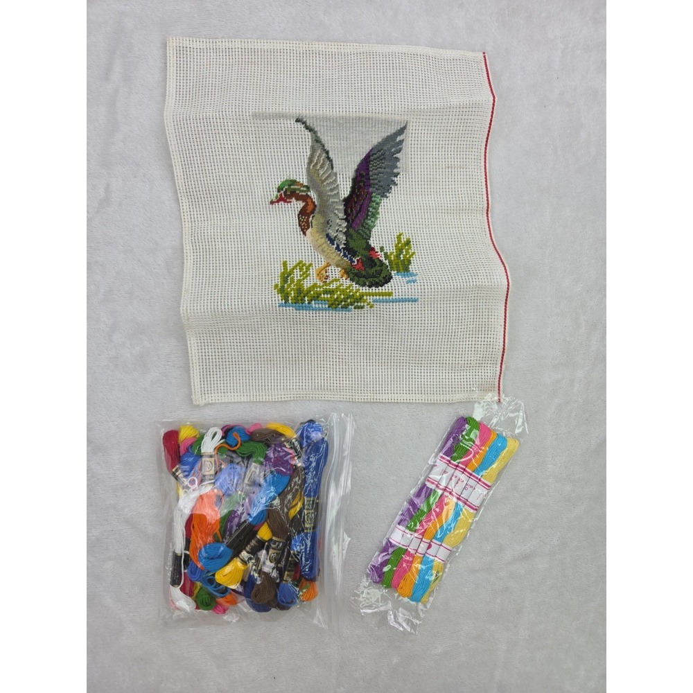 Preworked Center Wood DUCK Needlepoint Canvas with Thread Unfinished